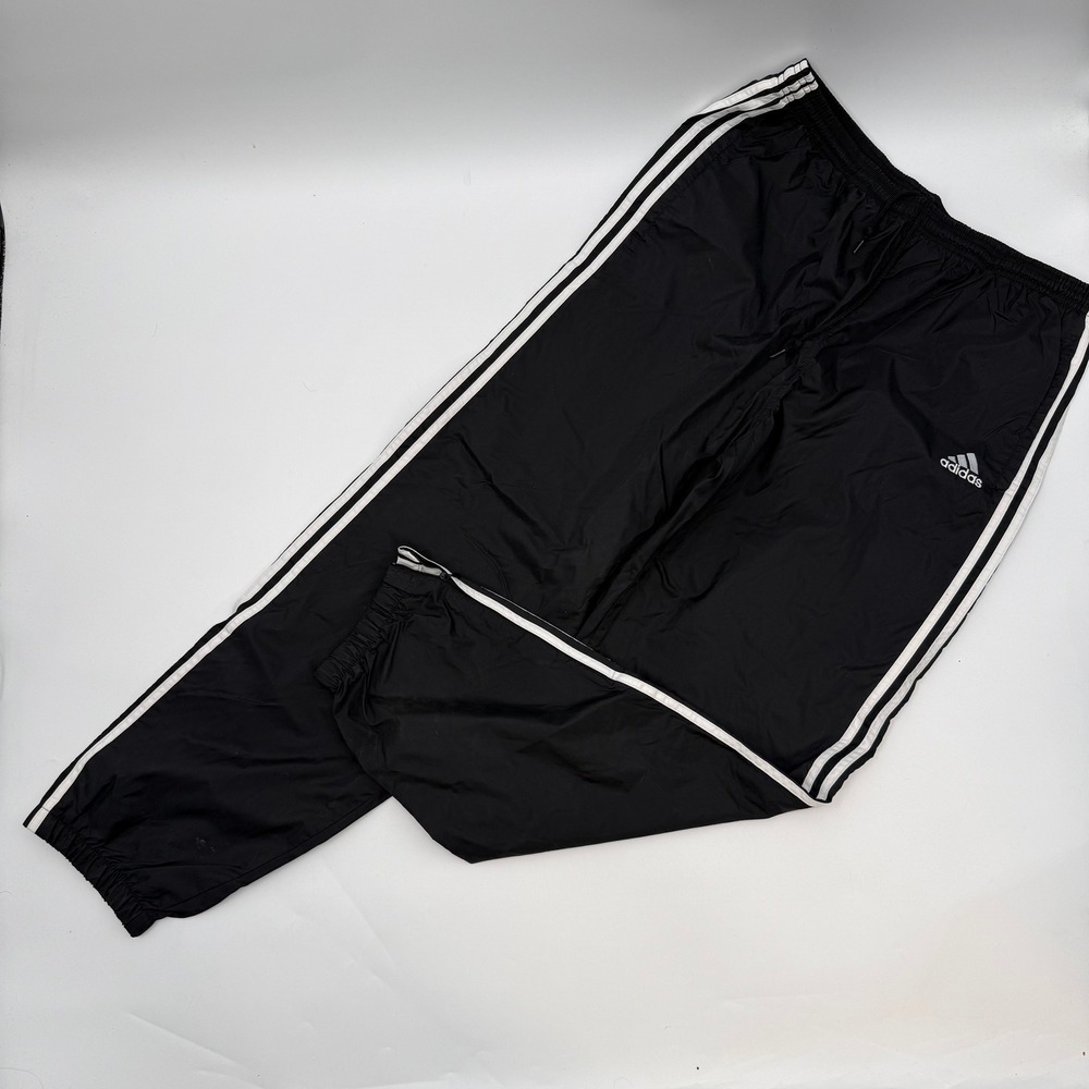 Adidas Mens Large Track Pants Black Stripe Windbreaker Elastic Cuff Drawstring